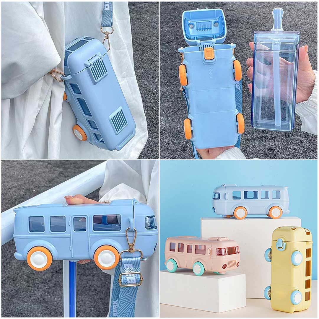 Portable Bus Water Bottle with Straw & Strap